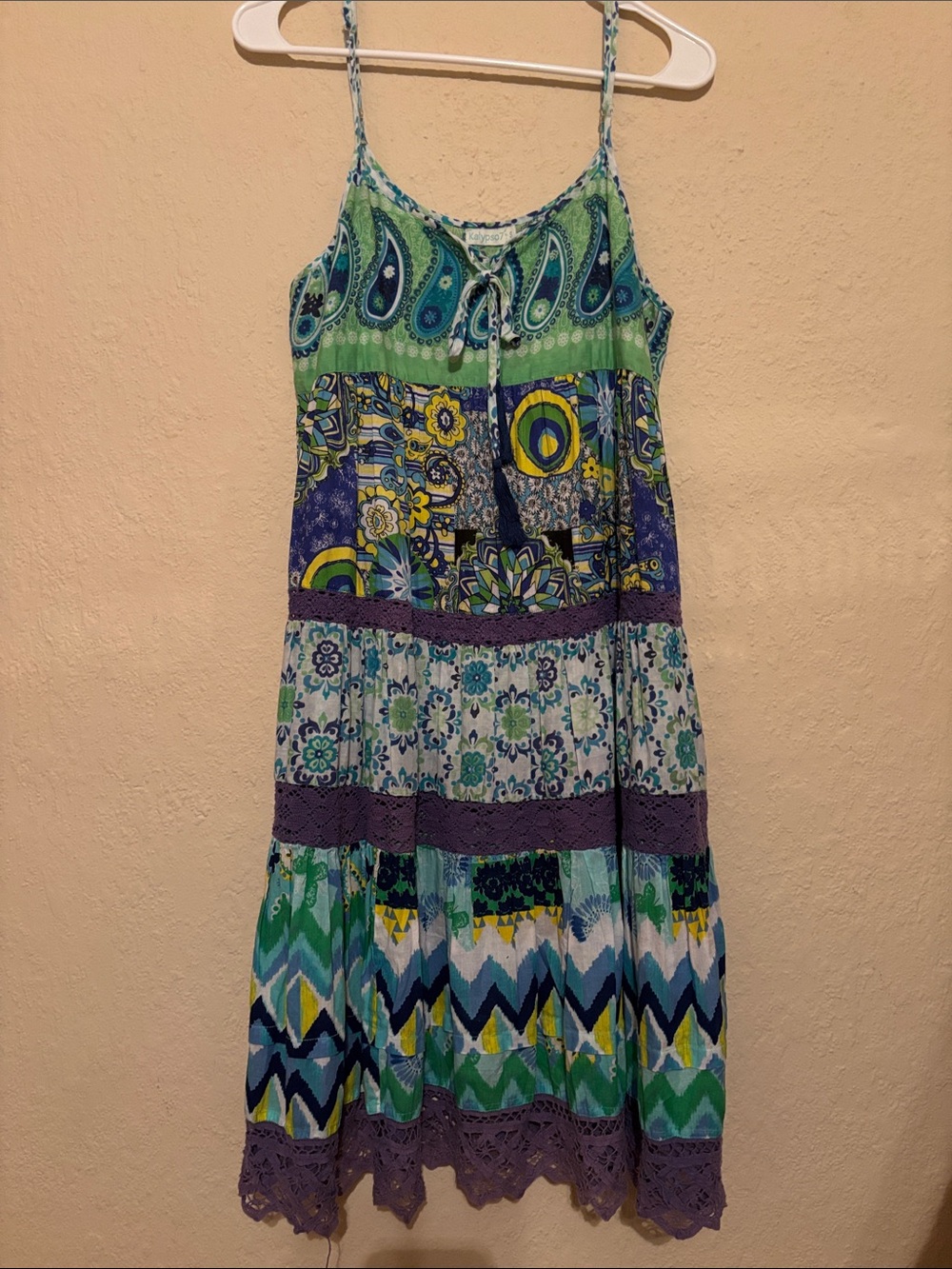 Boho Patchwork Midi Sundress in Green & Blue - Lightweight Spaghetti Strap